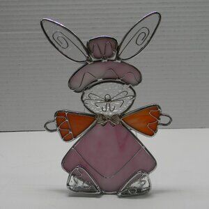 Easter Bunny Stained Glass Tealight Candle Holder Pink Orange Rabbit Vintage
